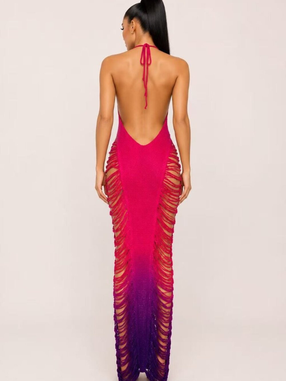 Fringe & Tassel Crochet Coverup Swimwear or Maxi Dress- Pink/Purple - Picture 6 of 7